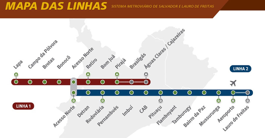 MetroMapa.jpg O projeto original do metrô de Salvador está concluído. Em cinza, as três estações que o governador Rui Costa já garantiu construir (Reprodução)