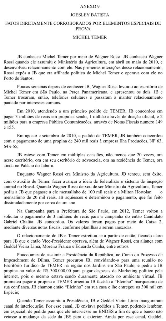 Anexo da delação de Joesley Batista, citando o atual presidente Michel Temer - Parte 1